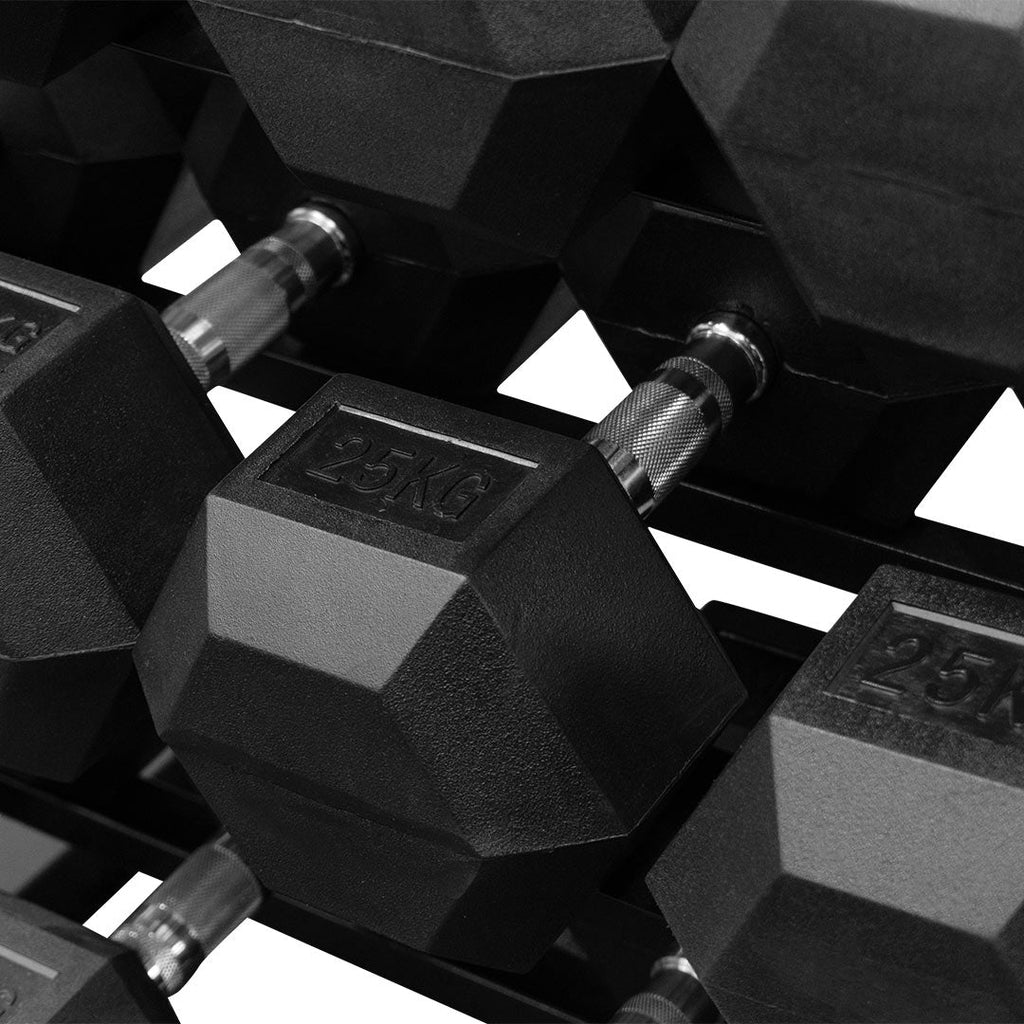 12.5kg - 30kg Rubber Hex Dumbbell Set + Rack | Direct Fitness Gear