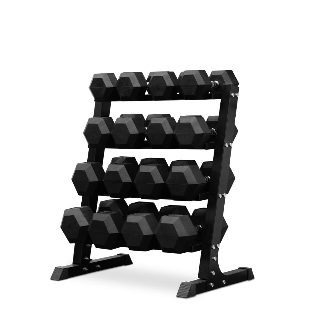 Rexformers Rack 12.5-30kg Rubber Hex Dumbbell Set with 3-Tier Rack – Versatile Strength ...