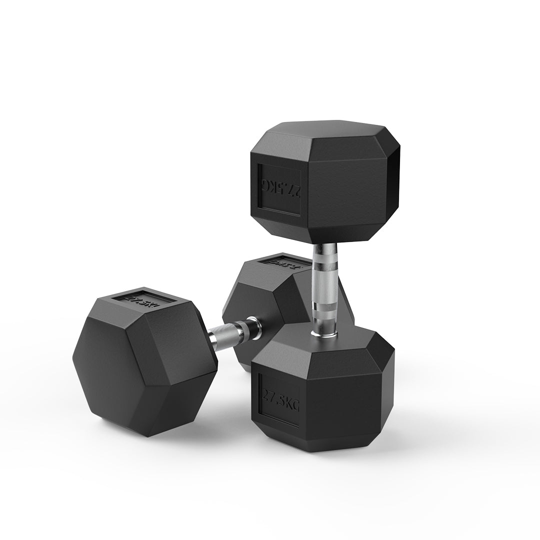 27.5kg Rubber Hex Dumbbells – Durable Pair – Direct Fitness Gear