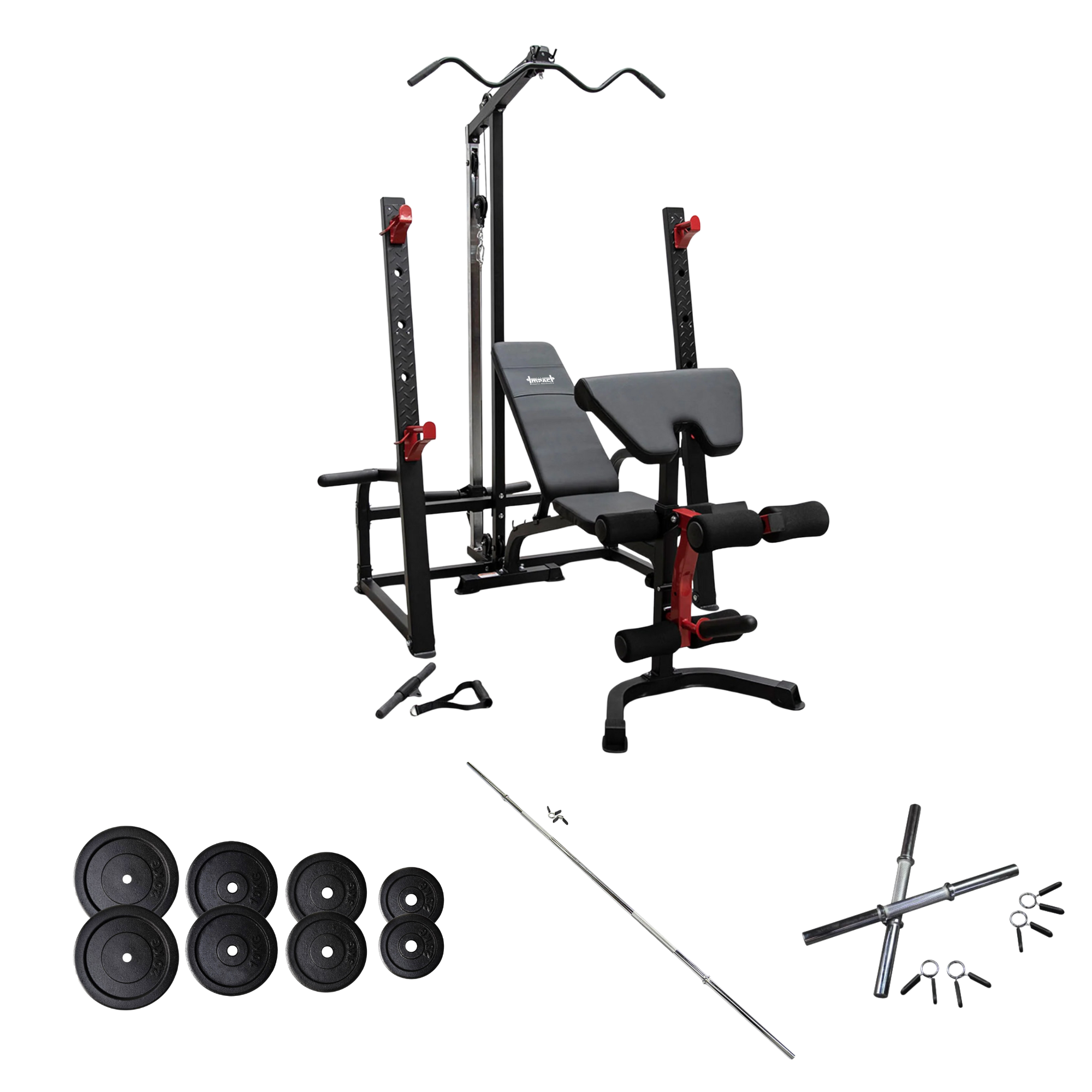 Home Gym Squat Rack & FID Bench with 115kg Standard Barbell & Dumbbell Set