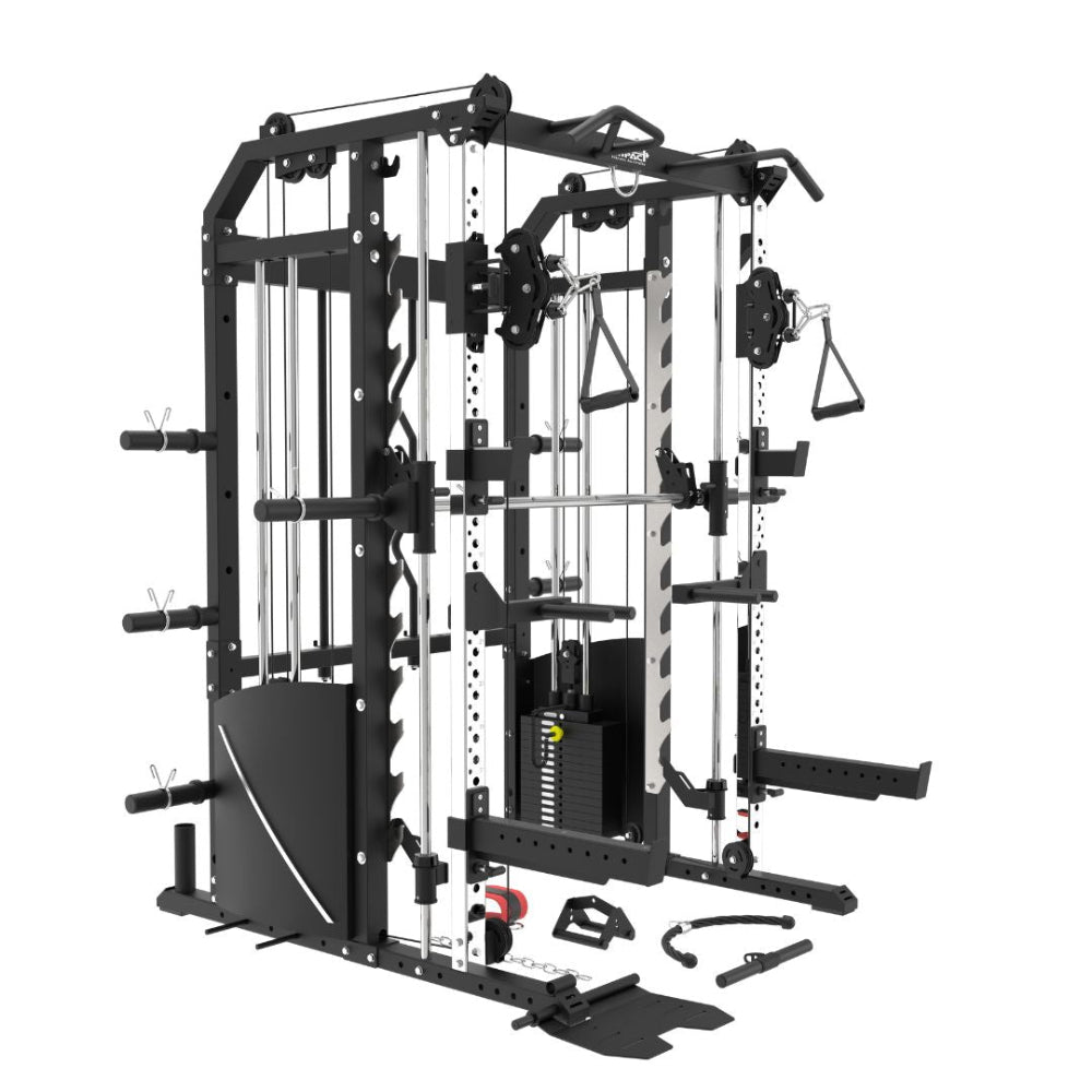 Multi-Functional Trainer with Smith Machine Squat Rack + Adjustable Bench + 120kg Olympic Barbell Set Package