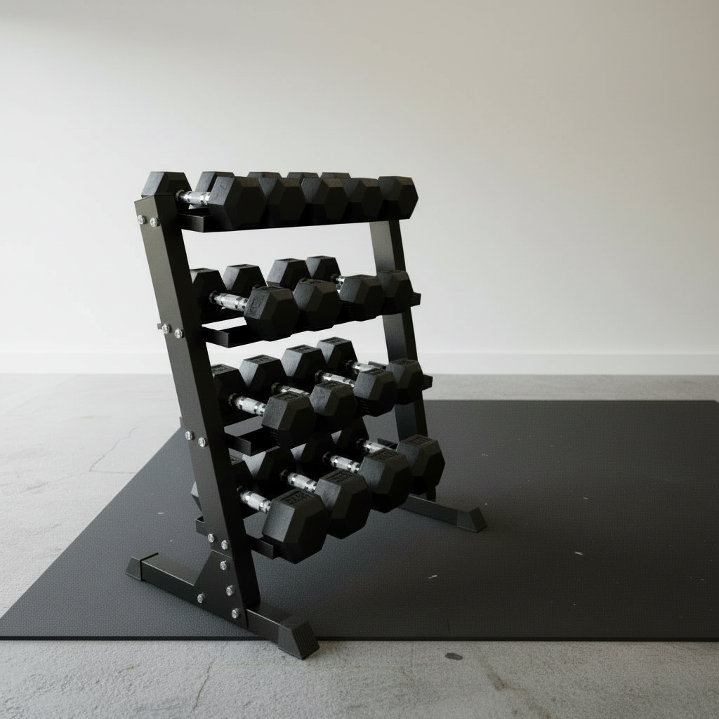 4-15kg Rubber Hex Dumbbells Set with Rack