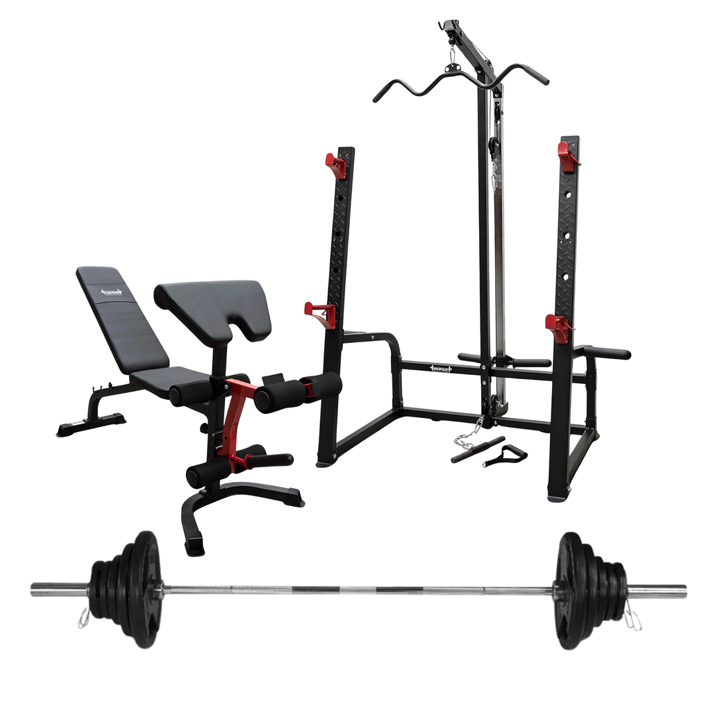 Squat Rack with Lat Pulldown - Adjustable Bench & 120kg Olympic Barbell Set