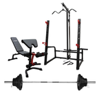 Squat Rack with Lat Pulldown - Adjustable Bench & 120kg Olympic Barbell Set