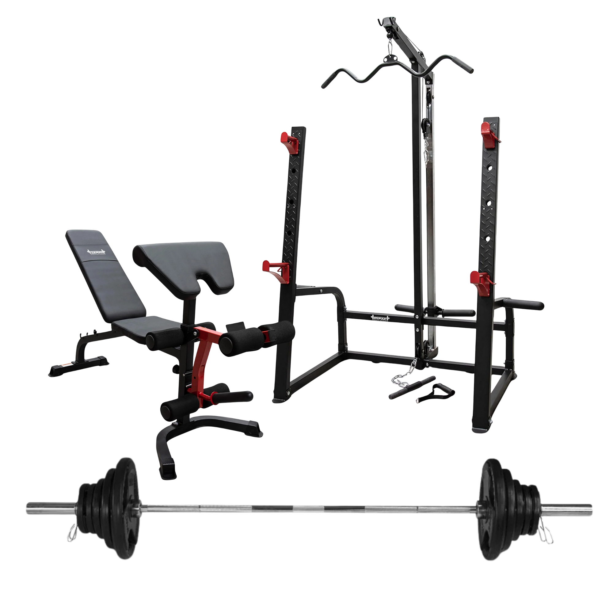 Heavy-Duty Squat Rack with Lat Pulldown, Adjustable Bench & 120kg Olympic Barbell Plates