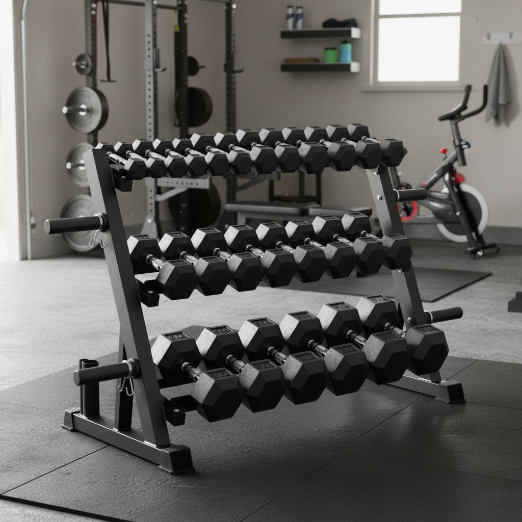 1-25kg Rubber Hex Dumbbells + 3-Tier Multi-Storage Rack