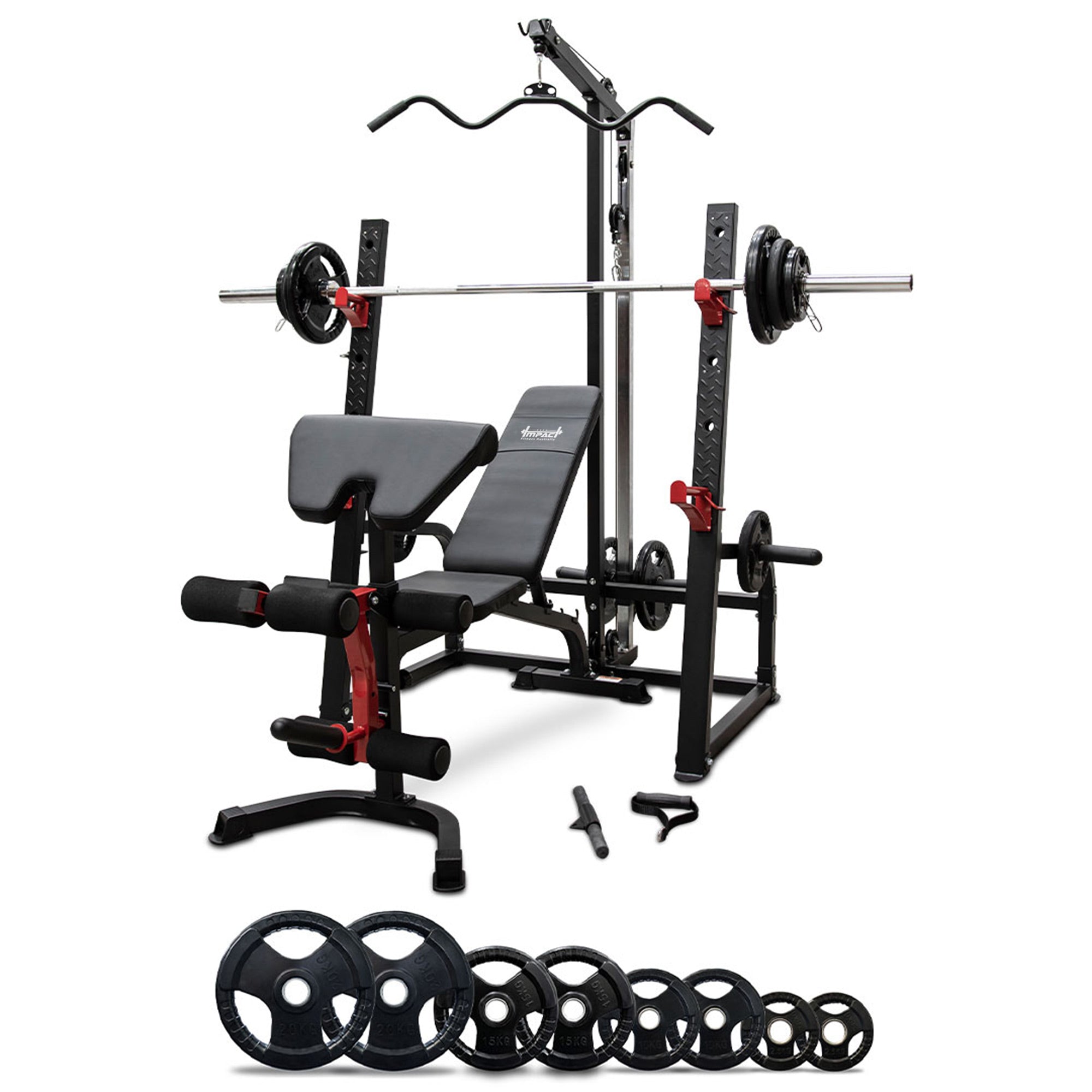 Heavy-Duty Squat Rack with Lat Pulldown, Adjustable Bench & 120kg Olympic Barbell Plates
