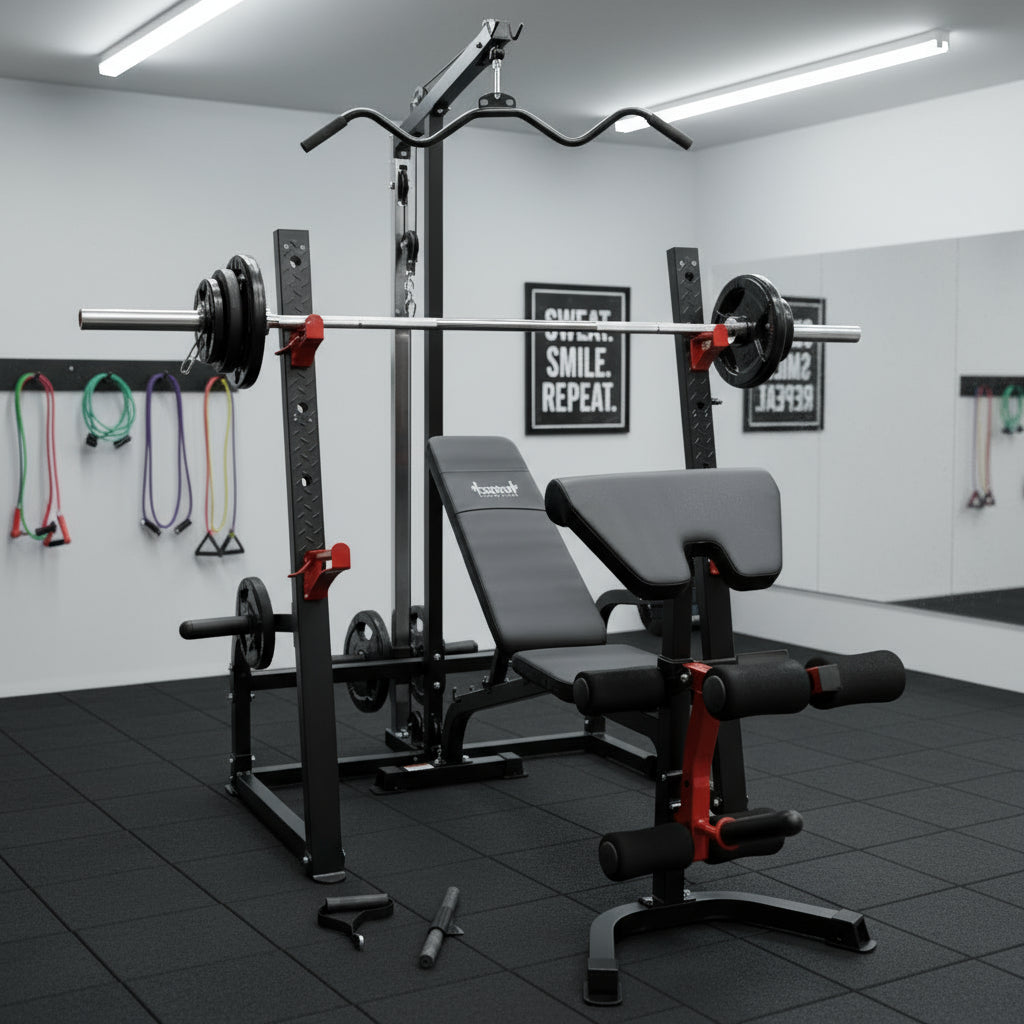 Heavy-Duty Squat Rack with Lat Pulldown, Adjustable Bench & 120kg Olympic Barbell Plates