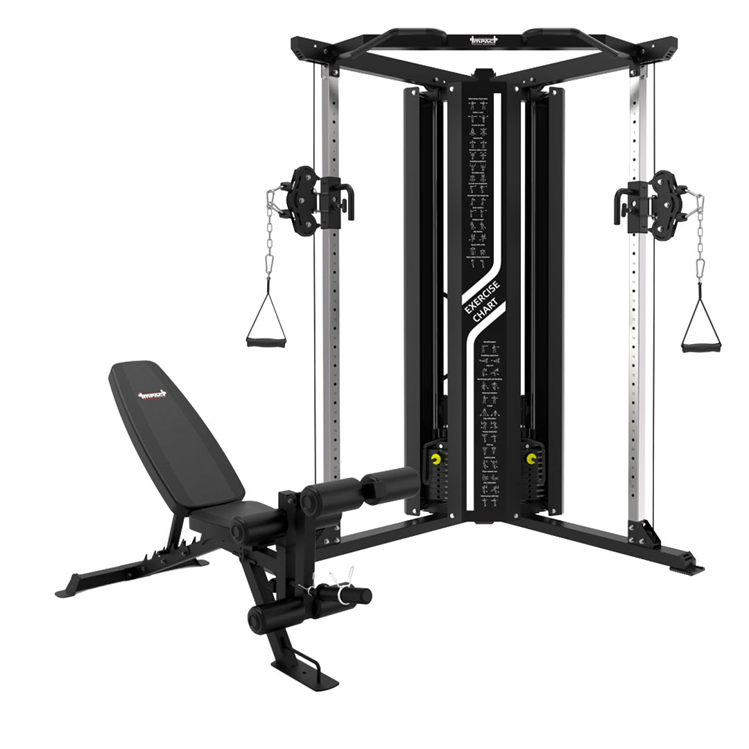 Compact Functional Trainer Home Gym Bundle with Adjustable Bench and Leg Developer
