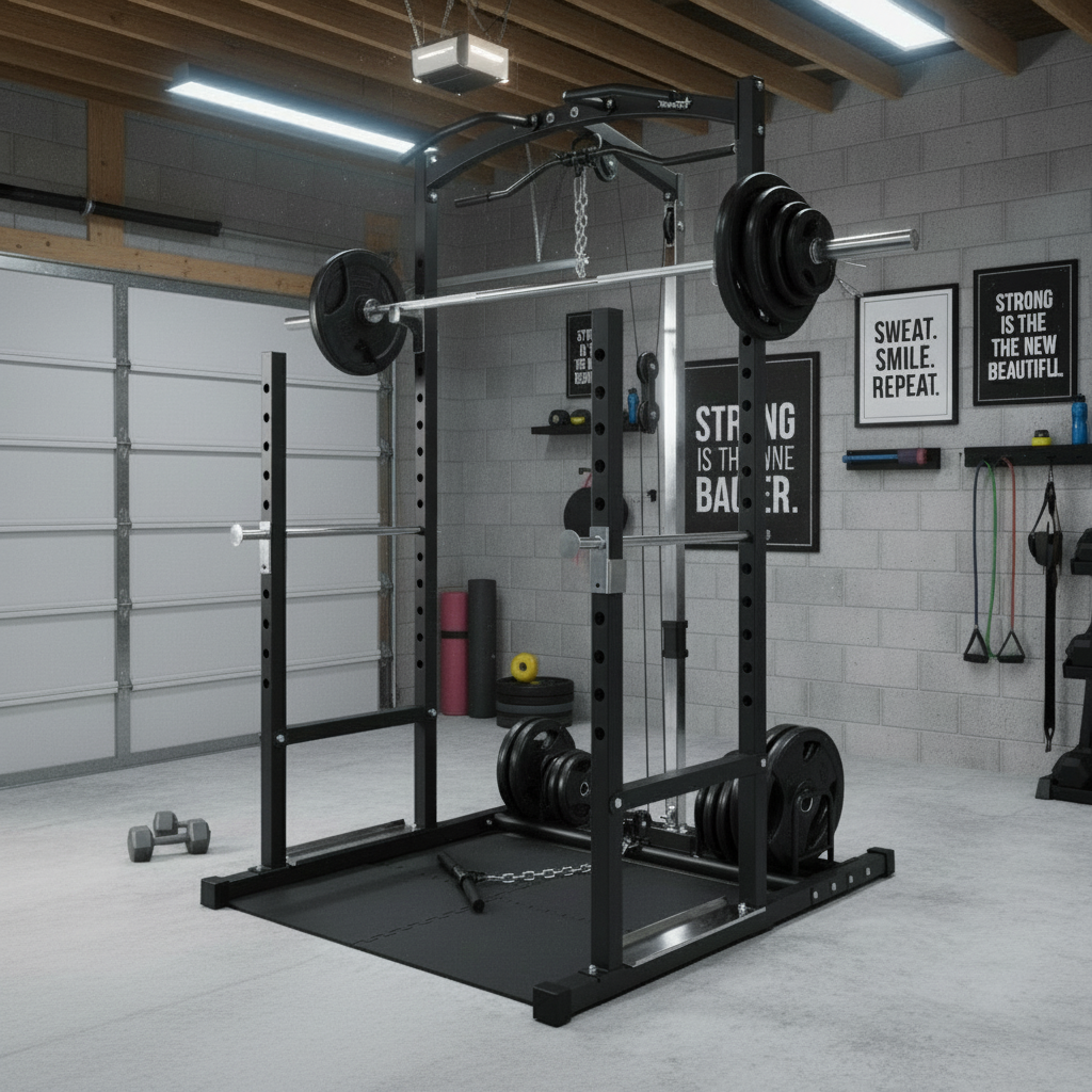 Power Rack Strength Training Station with Lat Pulldown, Bench & Olympic Weight Set