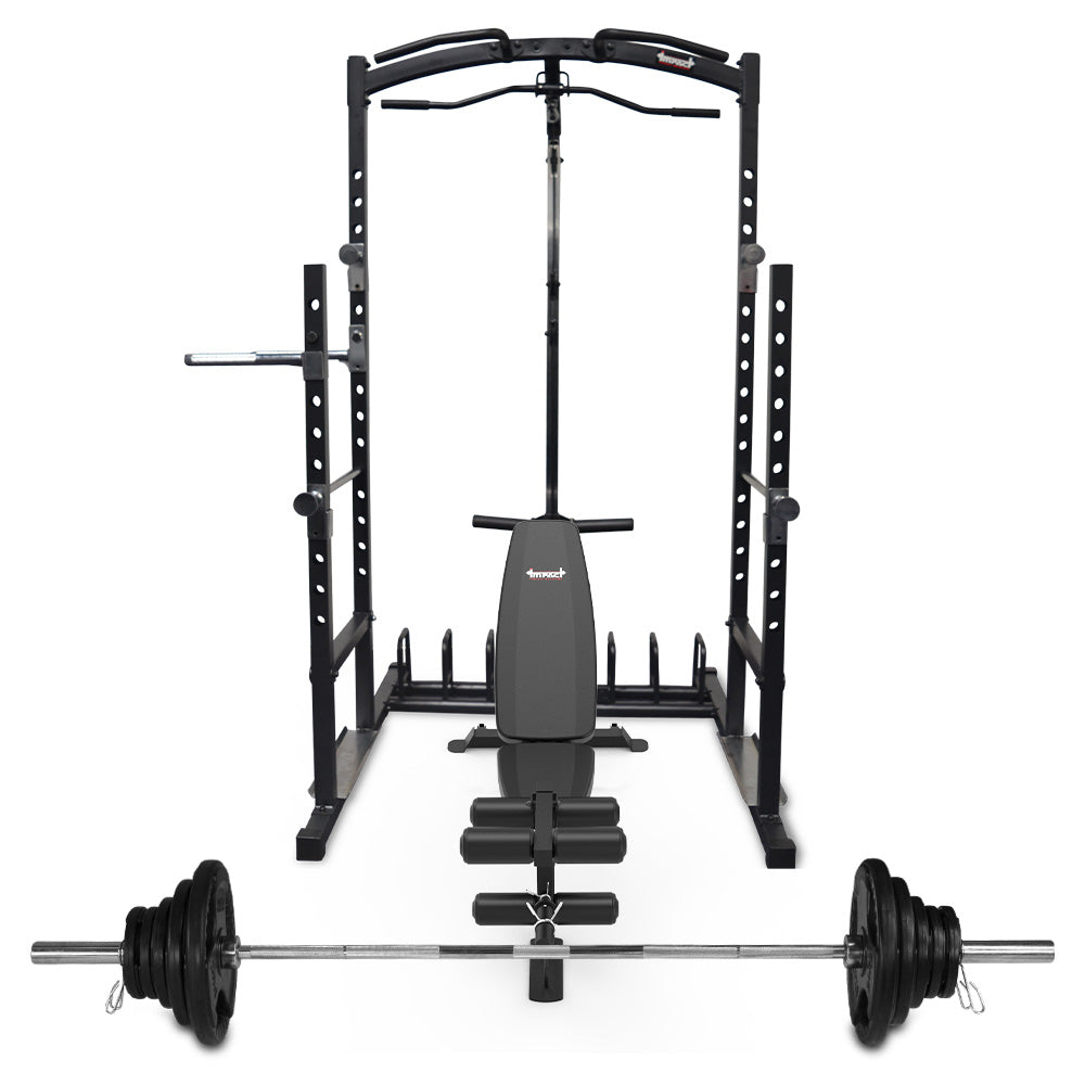 Power Rack Strength Training Station with Lat Pulldown, Bench & Olympic Weight Set