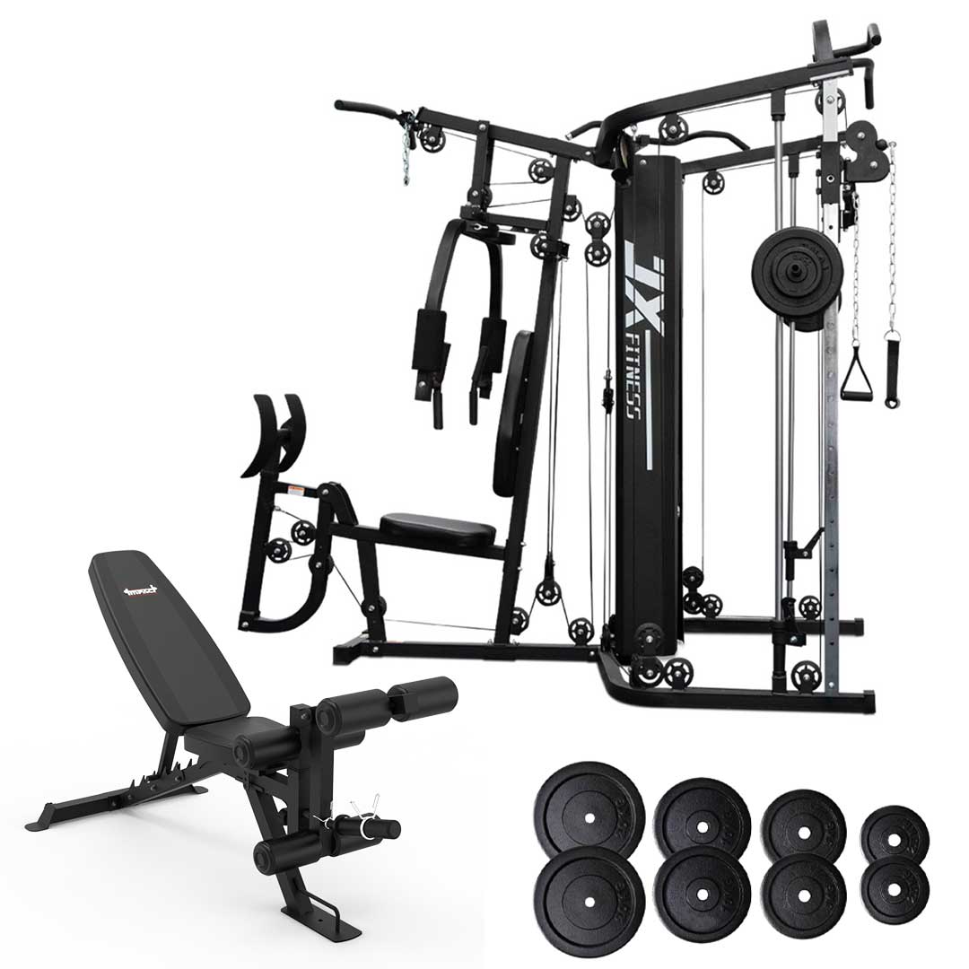 Home Gym Smith Machine Functional Trainer with bench 75kg Weight Plates Bundle