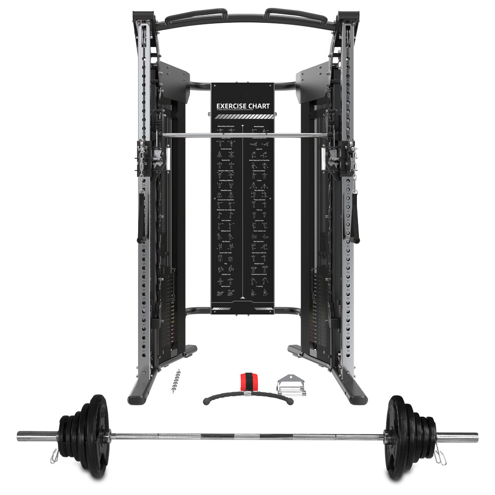 Multi Functional Trainer Squat Rack Smith Machine + 100kg Barbell Set + Adjustable Bench