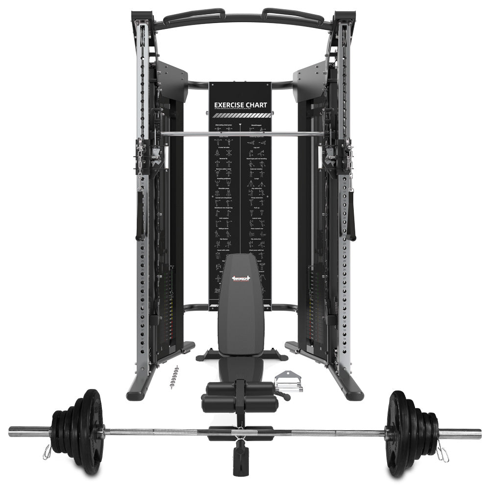 Multi Functional Trainer Squat Rack Smith Machine + 100kg Barbell Set + Adjustable Bench