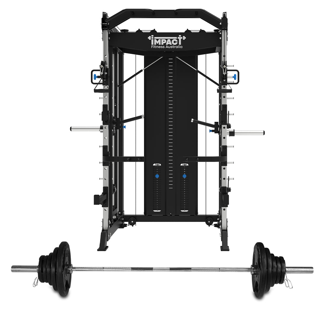 Multi-Functional Trainer with Iso-Smith Machine Bench 100kg Barbell Set Complete Gym Bundle