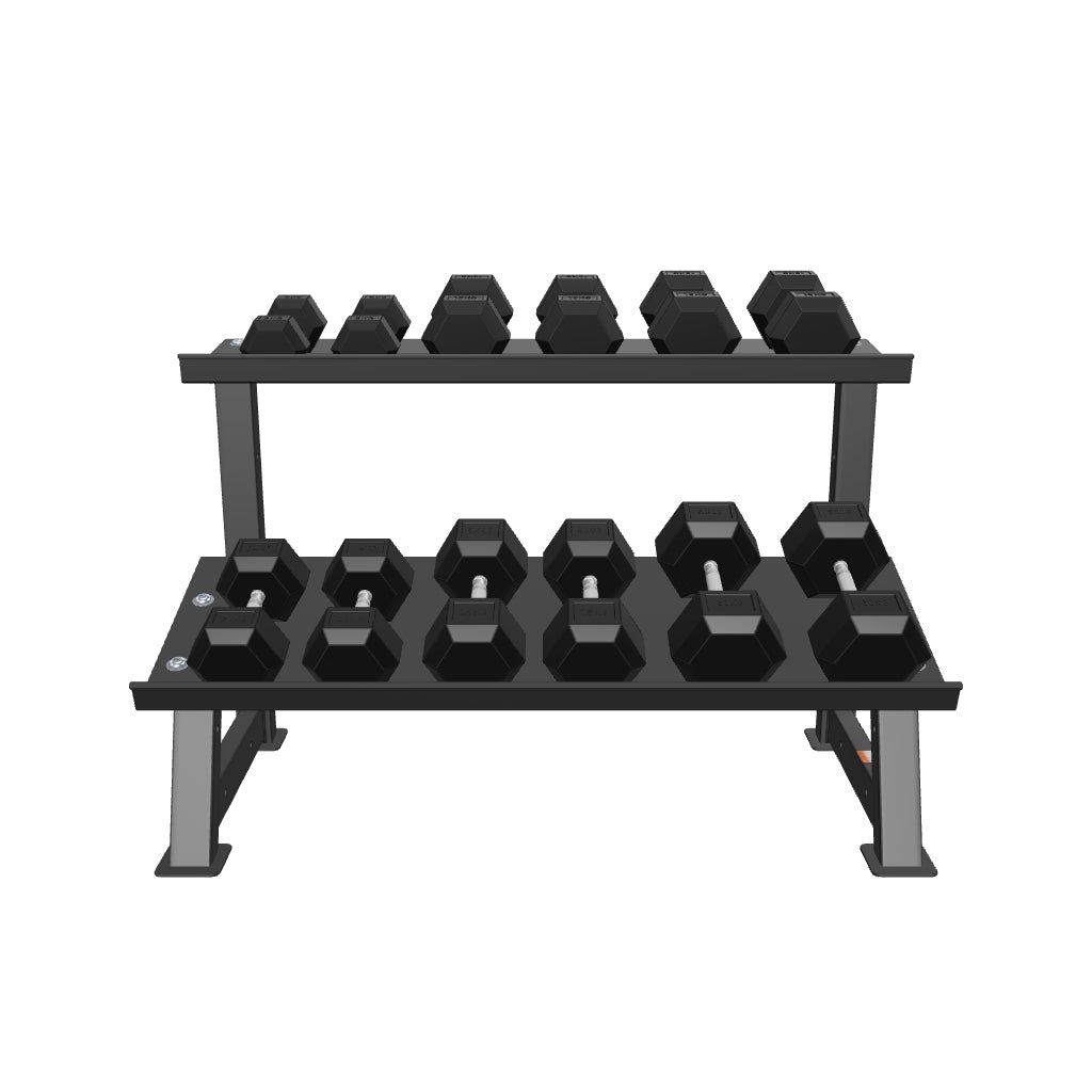 Commercial Rubber Hex Dumbbell Set with 2-Tier Rack (5–30 kg)