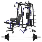 Multi-Station Gym with FID Bench and Barbell Olympic Weight Plate Set