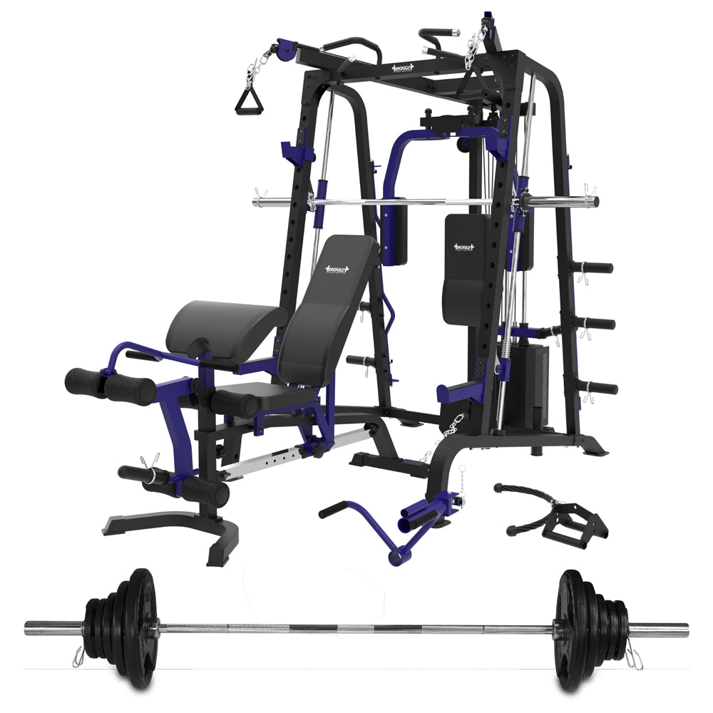 Multi-Station Gym with FID Bench and Barbell Olympic Weight Plate Set